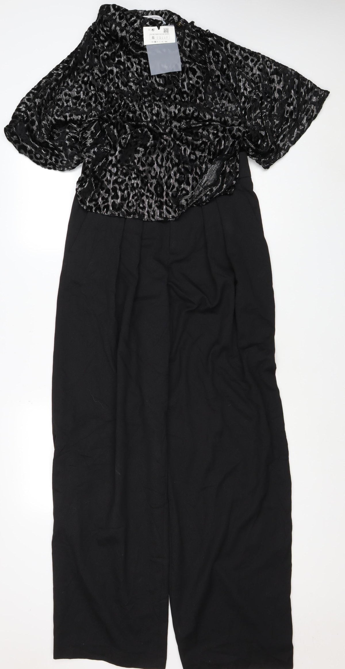 Zara Women Black Silver Leopard Wide Leg Jumpsuit Size S UK 8 NWT