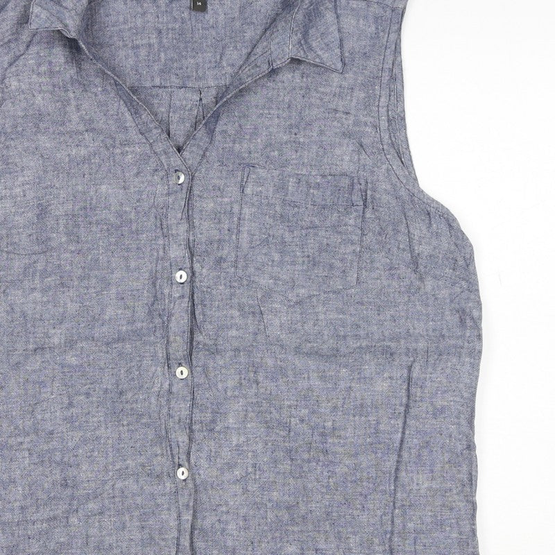 Bonmarche Women’s Blue Size 14 Linen Blend Sleeveless Button-Up Shirt