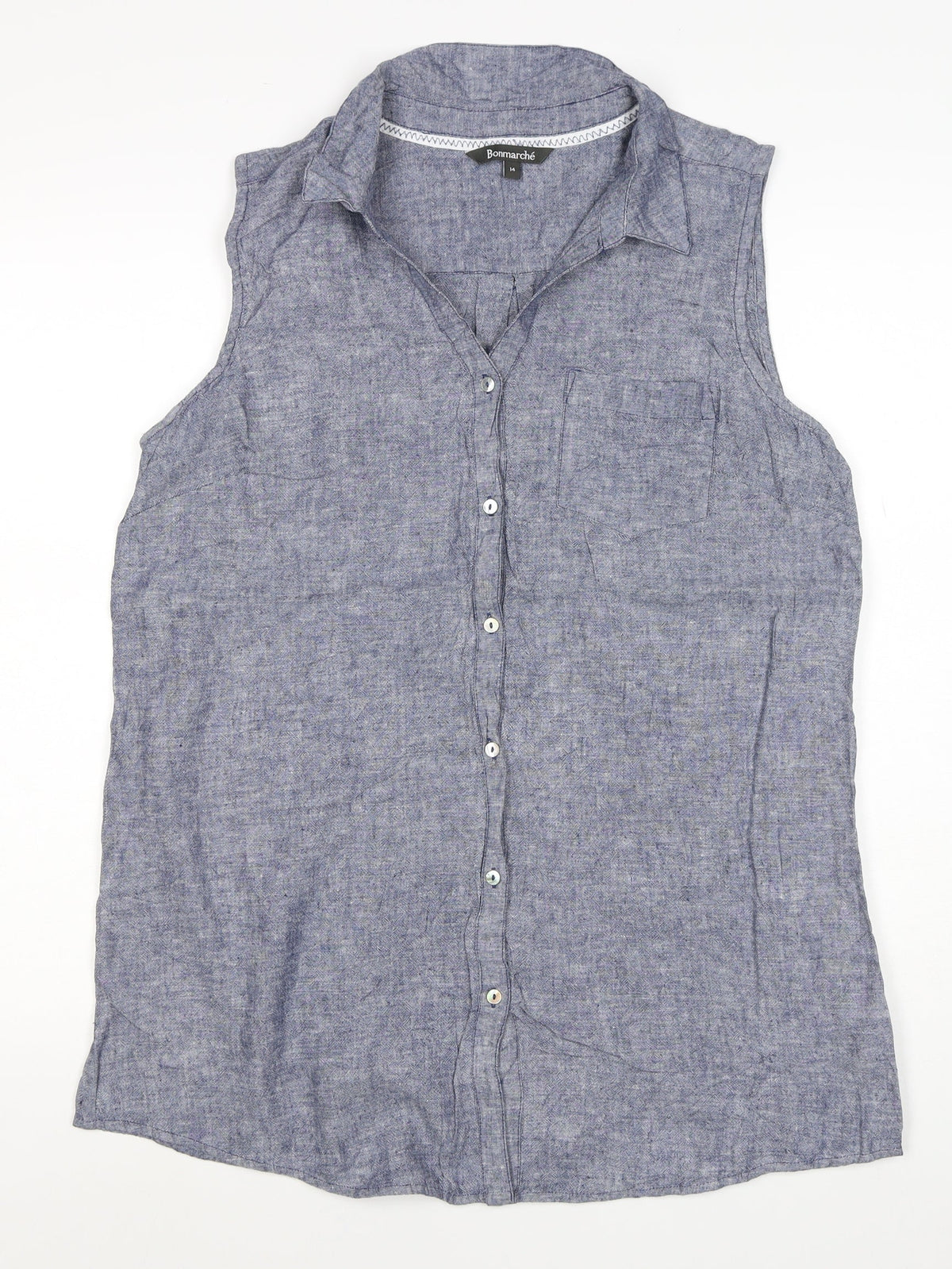 Bonmarche Women’s Blue Size 14 Linen Blend Sleeveless Button-Up Shirt