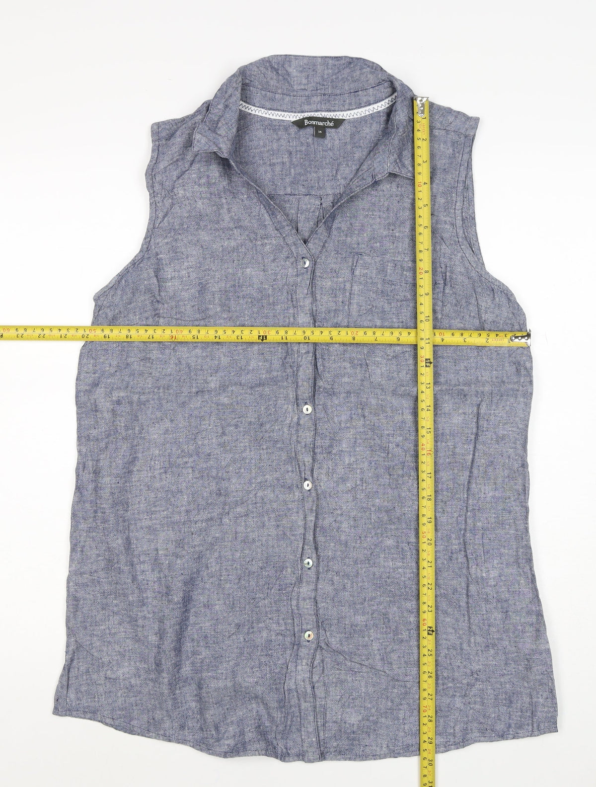 Bonmarche Women’s Blue Size 14 Linen Blend Sleeveless Button-Up Shirt