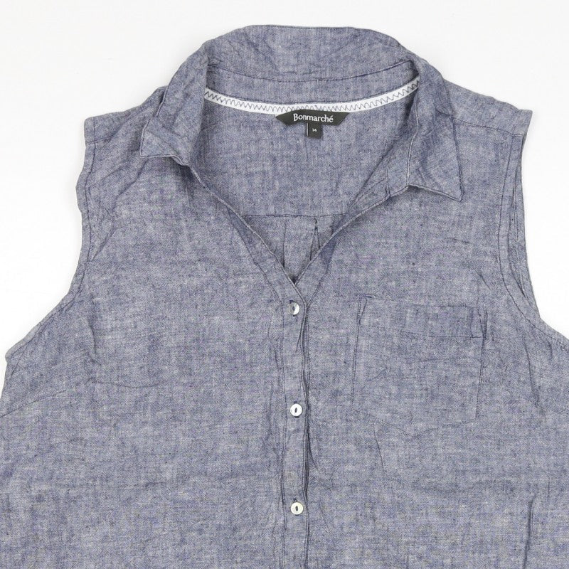 Bonmarche Women’s Blue Size 14 Linen Blend Sleeveless Button-Up Shirt