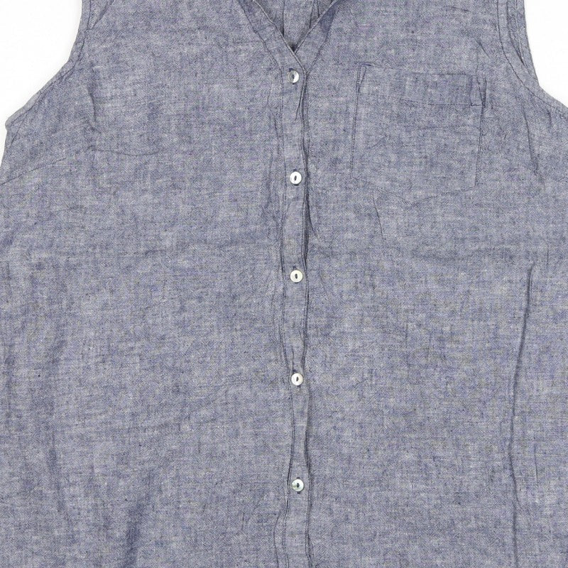 Bonmarche Women’s Blue Size 14 Linen Blend Sleeveless Button-Up Shirt