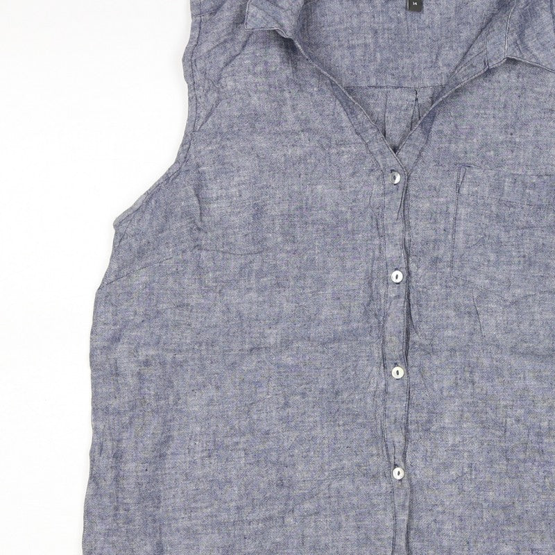 Bonmarche Women’s Blue Size 14 Linen Blend Sleeveless Button-Up Shirt
