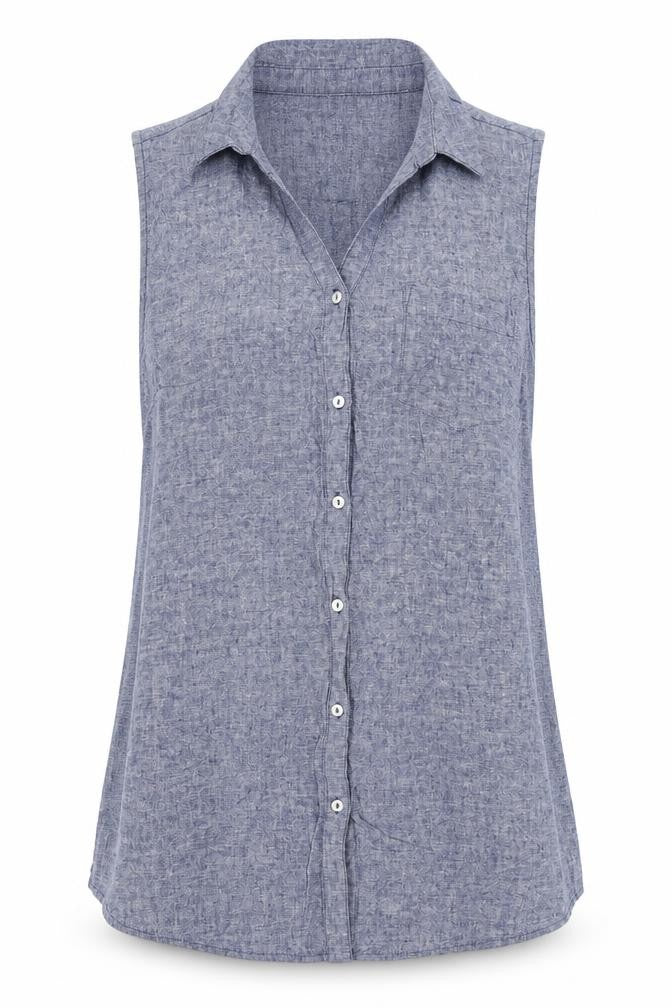 Bonmarche Women’s Blue Size 14 Linen Blend Sleeveless Button-Up Shirt