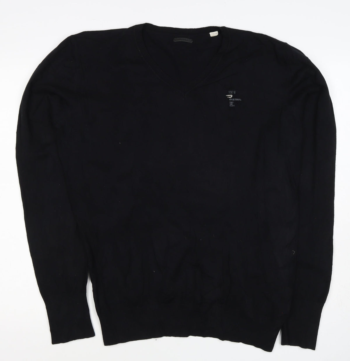 Diesel Men’s Black XL V-Neck Cotton Stretch Logo Jumper