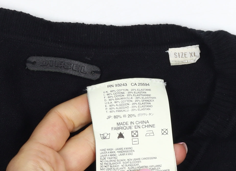 Diesel Men’s Black XL V-Neck Cotton Stretch Logo Jumper