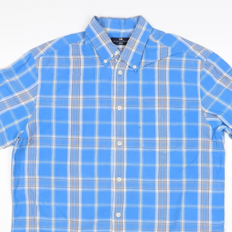 Marks & Spencer Men Blue Plaid Short Sleeve Button-Down Shirt M 38-40