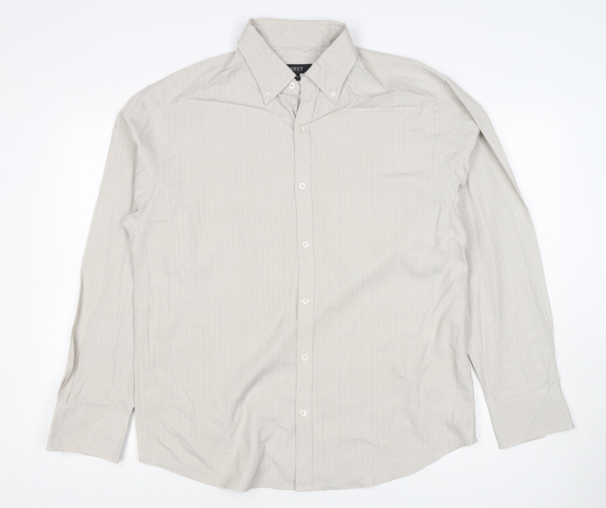 Next Men’s Beige Check Long Sleeve Button-Down Shirt Size L