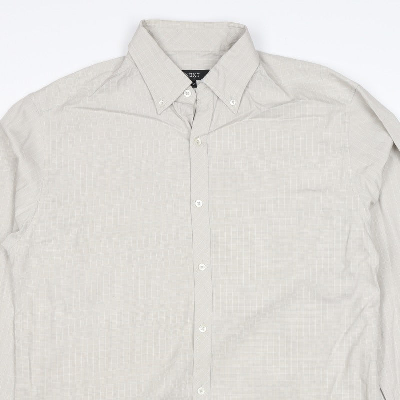 Next Men’s Beige Check Long Sleeve Button-Down Shirt Size L