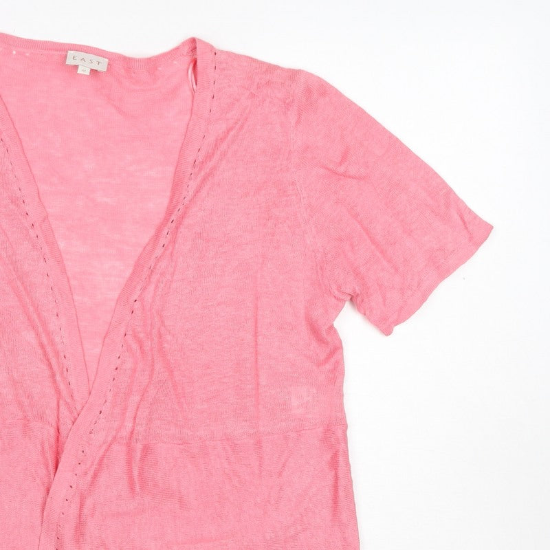 East Women’s Pink M 100% Linen Short Sleeve Open V-Neck Cardigan