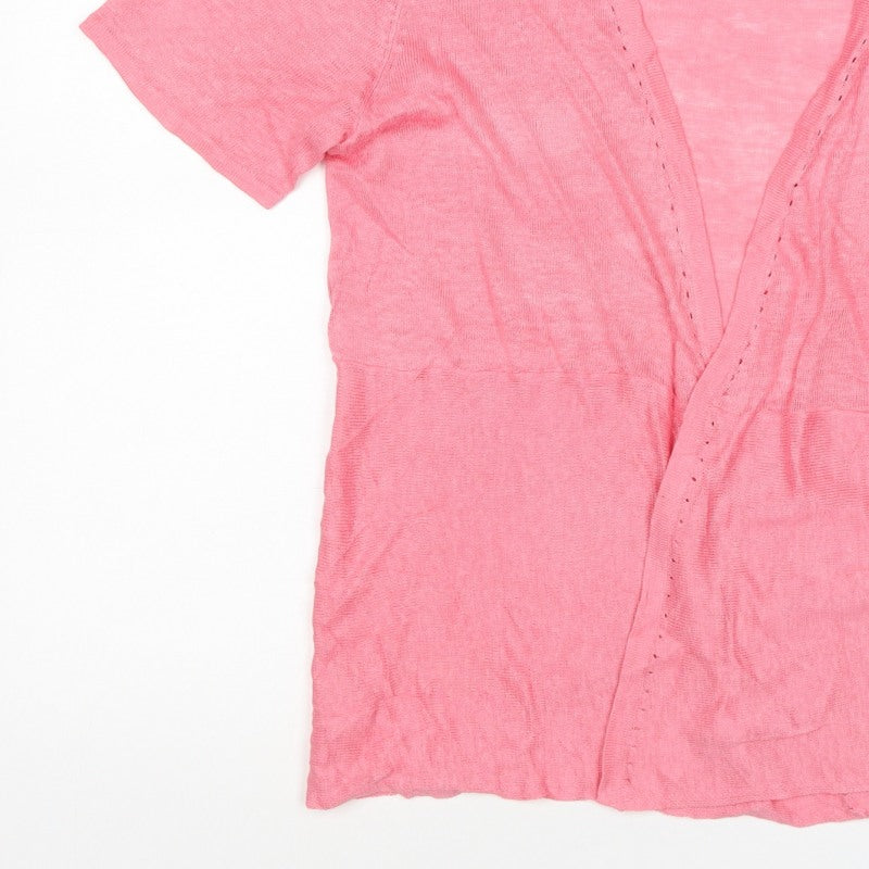 East Women’s Pink M 100% Linen Short Sleeve Open V-Neck Cardigan