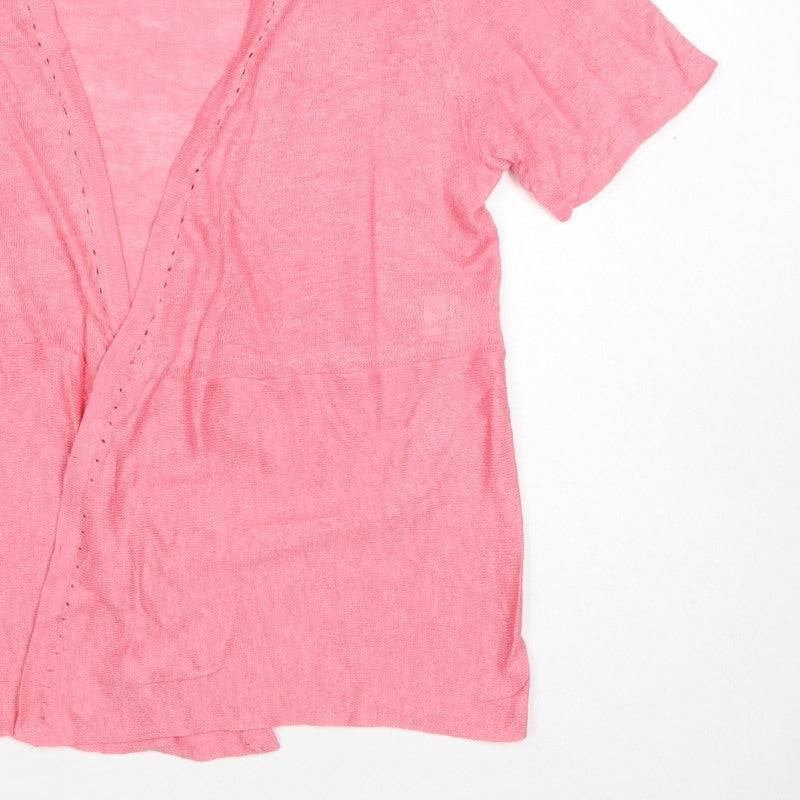 East Women’s Pink M 100% Linen Short Sleeve Open V-Neck Cardigan