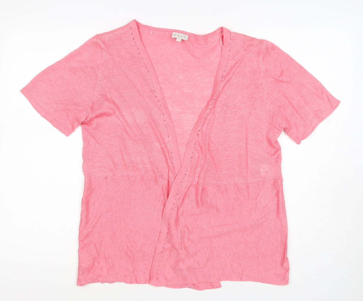 East Women’s Pink M 100% Linen Short Sleeve Open V-Neck Cardigan