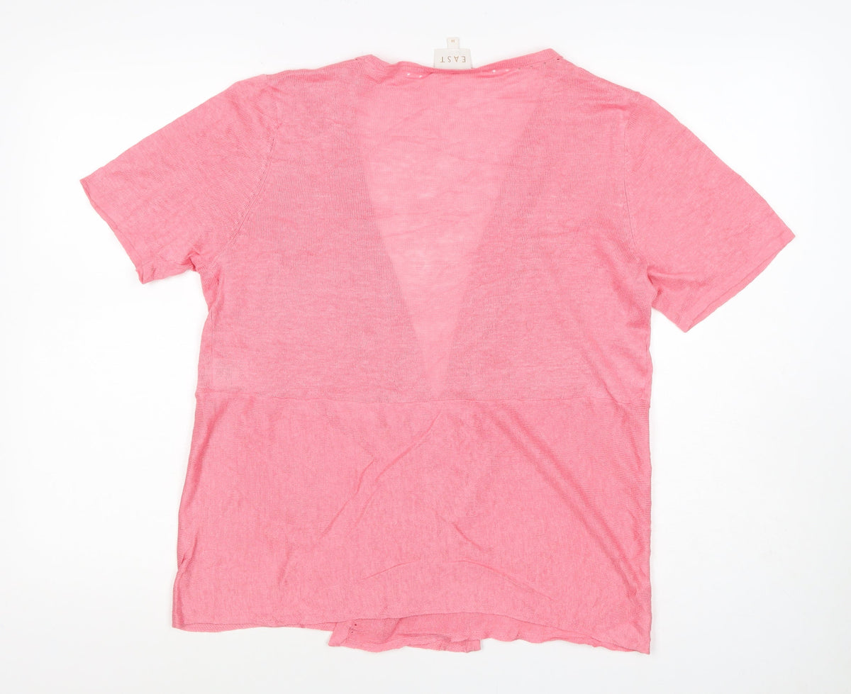 East Women’s Pink M 100% Linen Short Sleeve Open V-Neck Cardigan