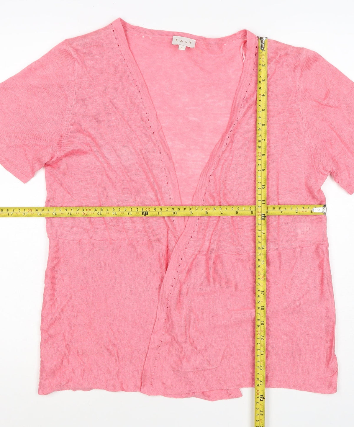 East Women’s Pink M 100% Linen Short Sleeve Open V-Neck Cardigan