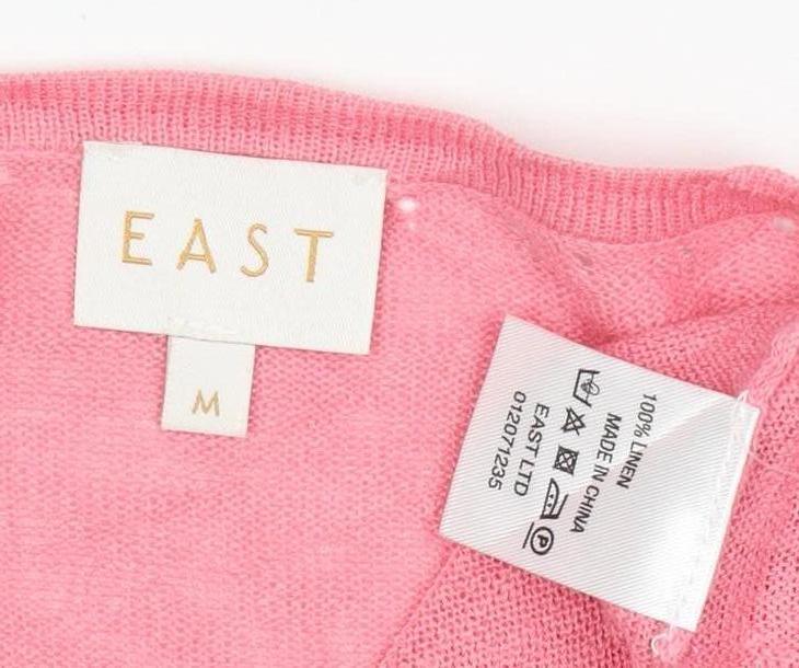 East Women’s Pink M 100% Linen Short Sleeve Open V-Neck Cardigan