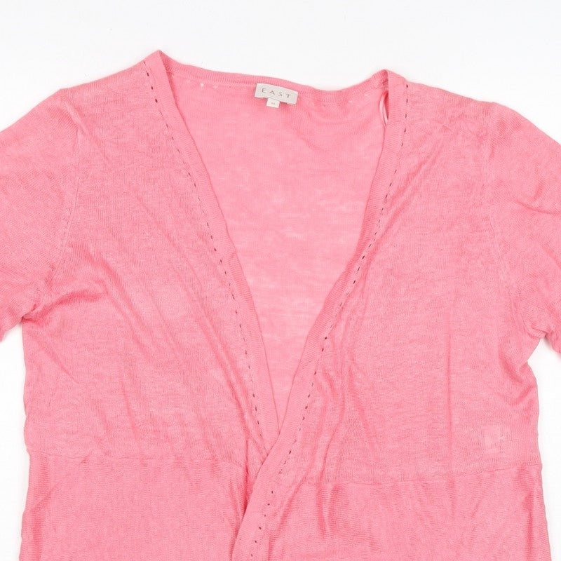 East Women’s Pink M 100% Linen Short Sleeve Open V-Neck Cardigan