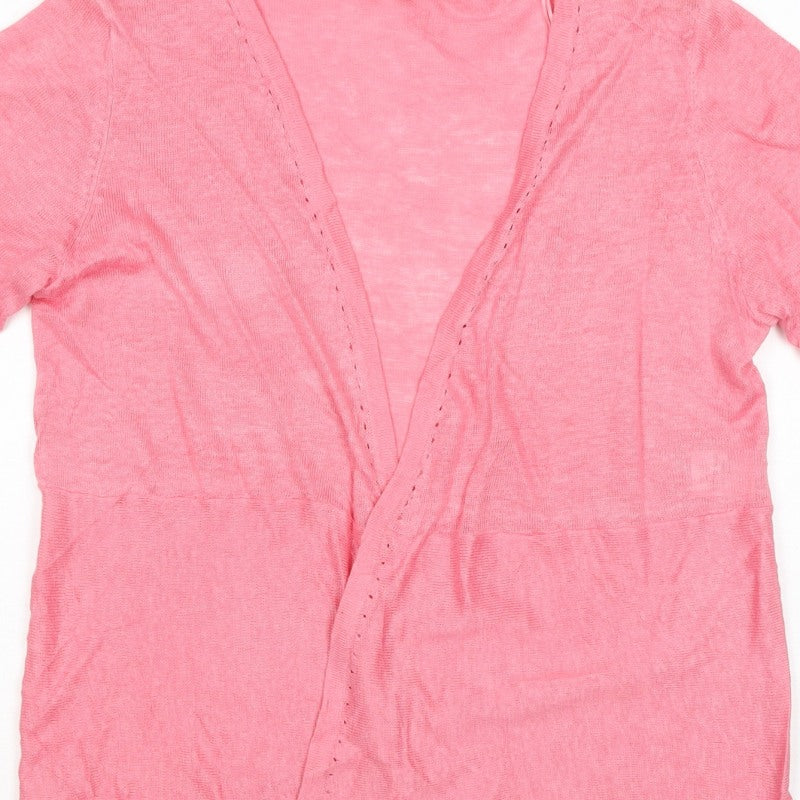 East Women’s Pink M 100% Linen Short Sleeve Open V-Neck Cardigan
