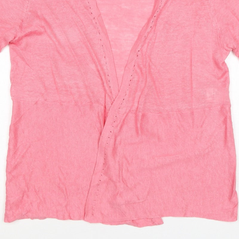 East Women’s Pink M 100% Linen Short Sleeve Open V-Neck Cardigan