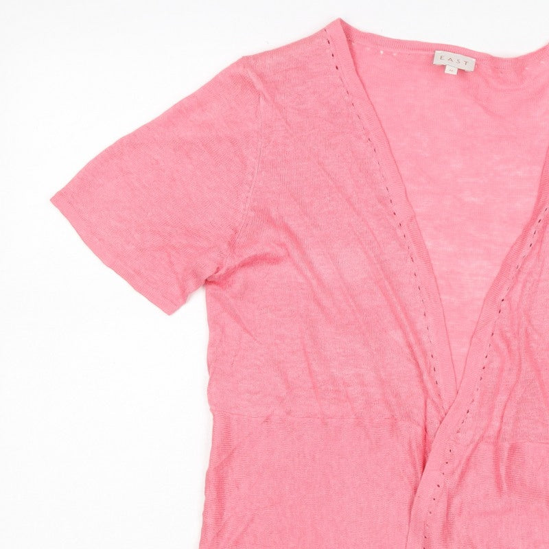 East Women’s Pink M 100% Linen Short Sleeve Open V-Neck Cardigan