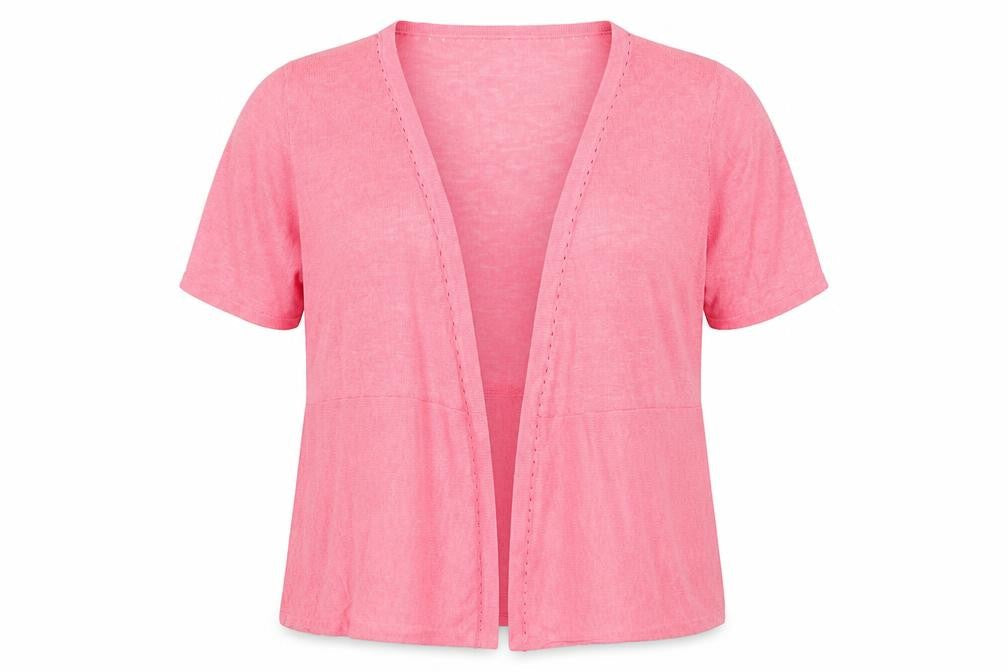 East Women’s Pink M 100% Linen Short Sleeve Open V-Neck Cardigan