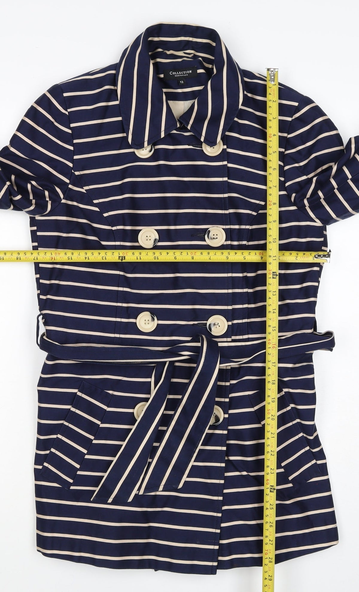 Collection Debenhams Women Blue Striped Belted Trench Coat Size 12
