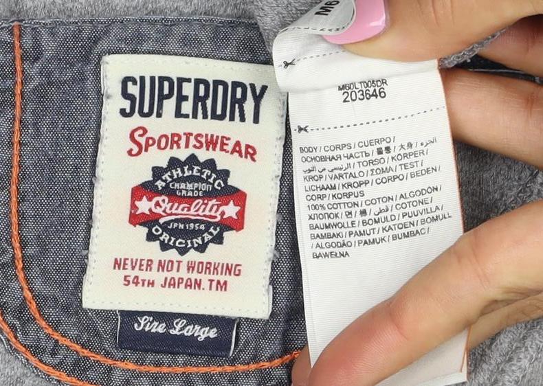Superdry Men Grey XL Henley Button Long Sleeve Cotton Sweatshirt