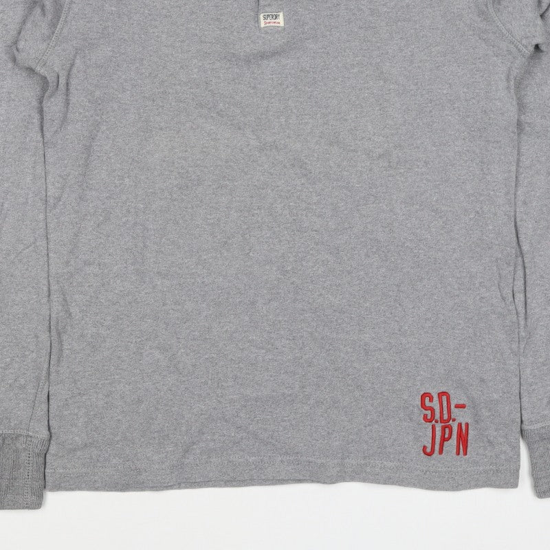 Superdry Men Grey XL Henley Button Long Sleeve Cotton Sweatshirt