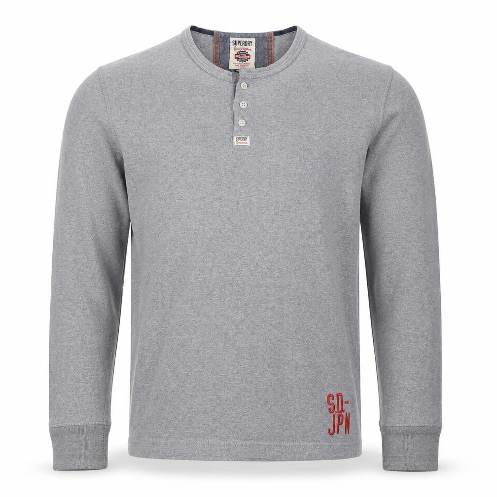 Superdry Men Grey XL Henley Button Long Sleeve Cotton Sweatshirt