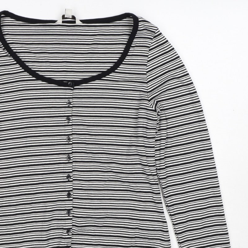 M&S Women Black White Striped Size 16 Jersey Button-Up Long Sleeve Top