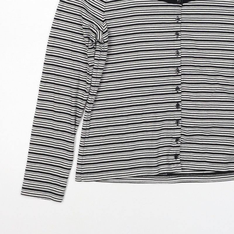 M&S Women Black White Striped Size 16 Jersey Button-Up Long Sleeve Top