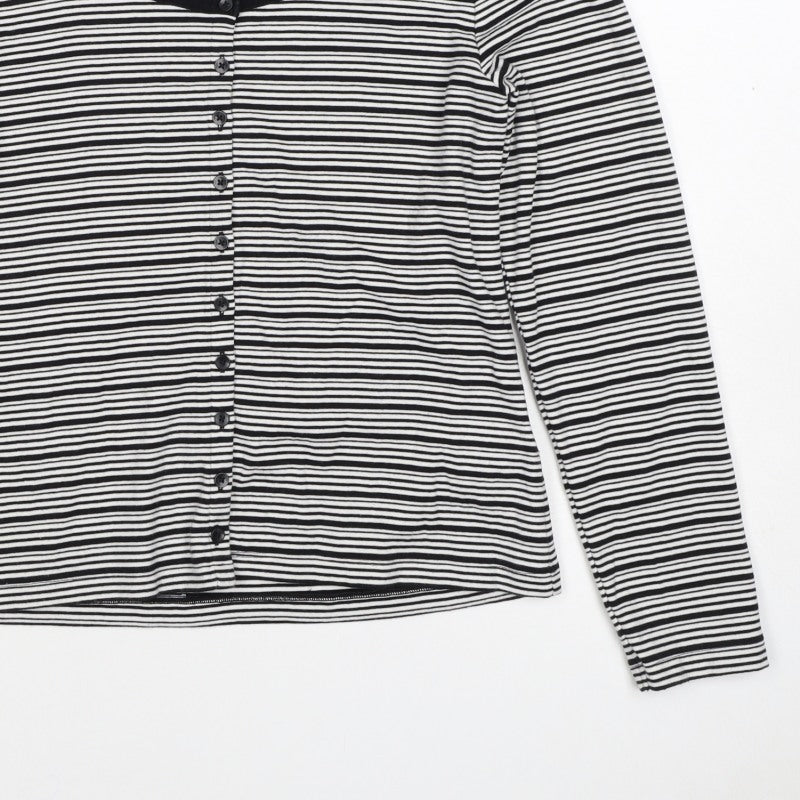 M&S Women Black White Striped Size 16 Jersey Button-Up Long Sleeve Top