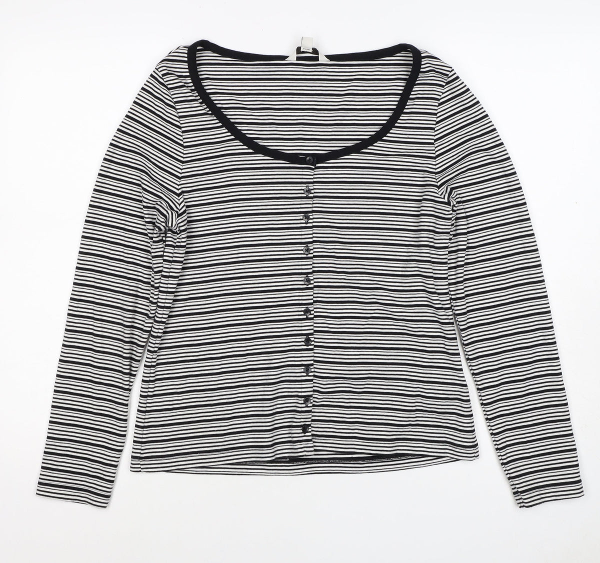 M&S Women Black White Striped Size 16 Jersey Button-Up Long Sleeve Top