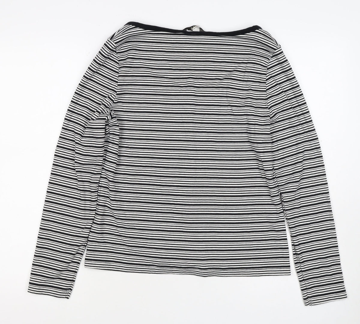 M&S Women Black White Striped Size 16 Jersey Button-Up Long Sleeve Top