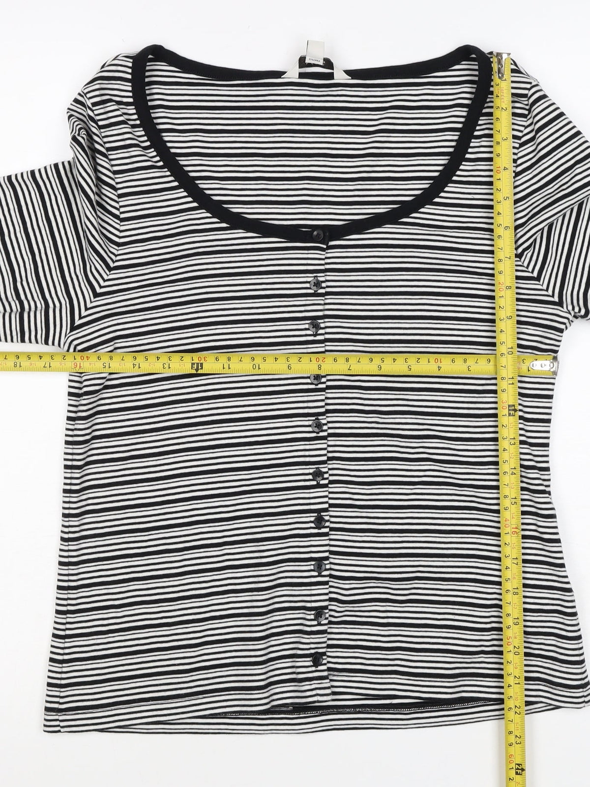 M&S Women Black White Striped Size 16 Jersey Button-Up Long Sleeve Top