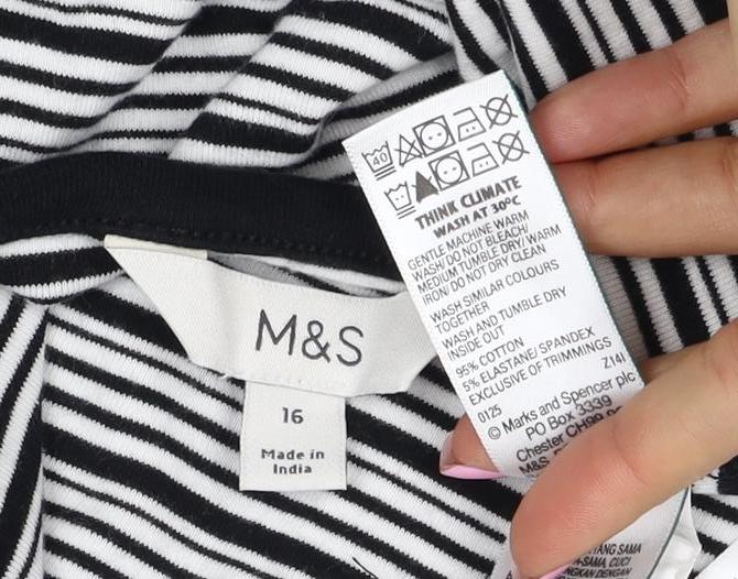 M&S Women Black White Striped Size 16 Jersey Button-Up Long Sleeve Top