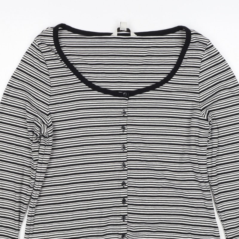 M&S Women Black White Striped Size 16 Jersey Button-Up Long Sleeve Top