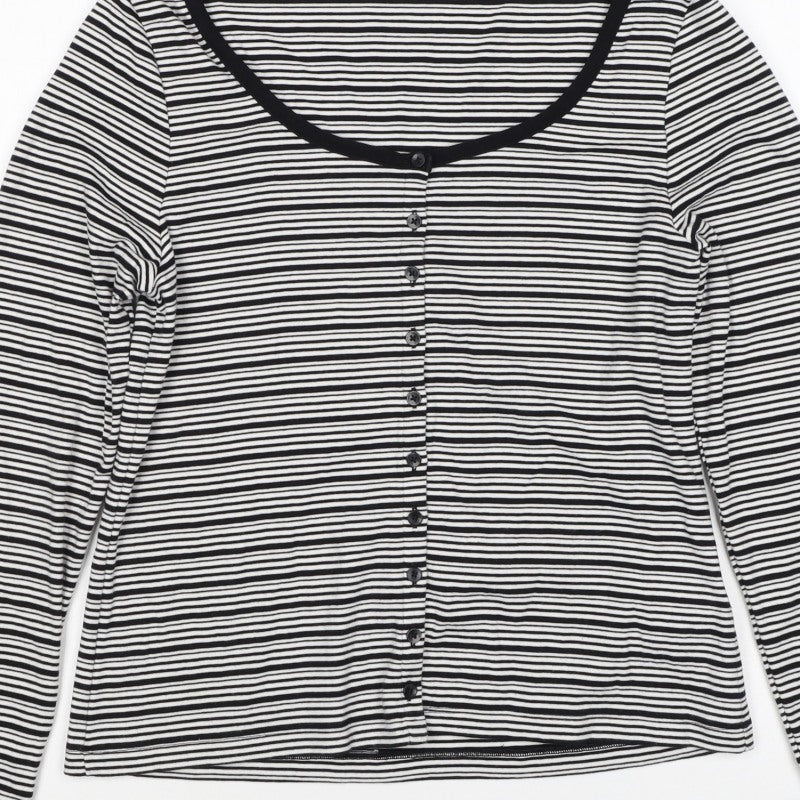 M&S Women Black White Striped Size 16 Jersey Button-Up Long Sleeve Top