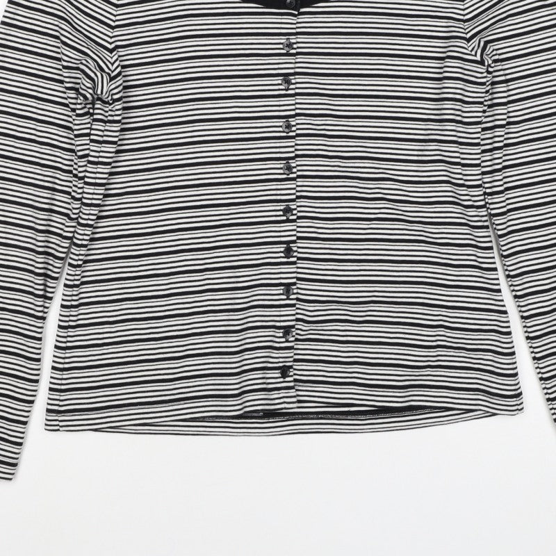 M&S Women Black White Striped Size 16 Jersey Button-Up Long Sleeve Top