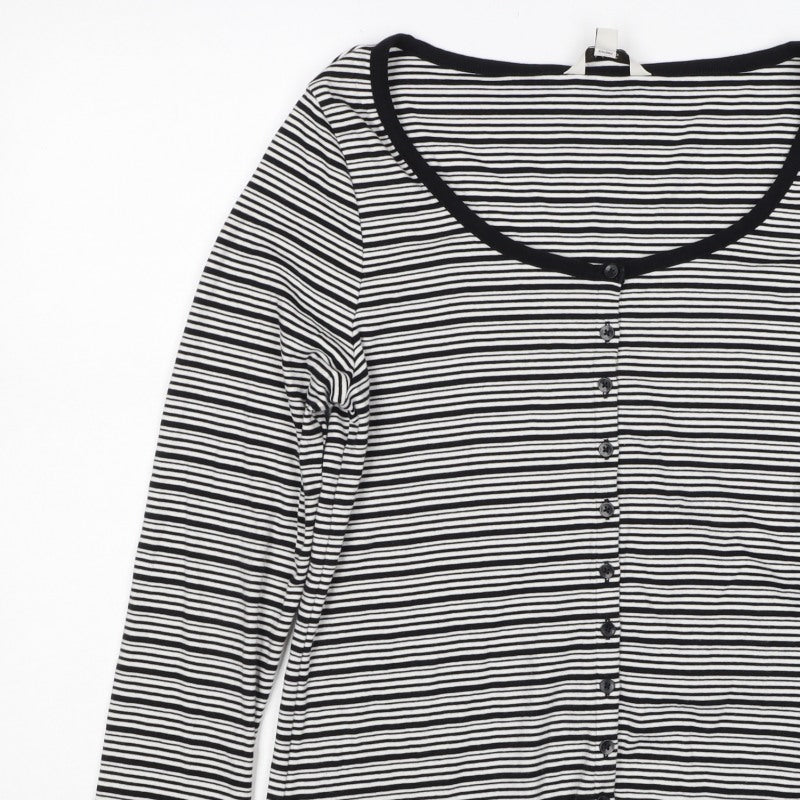 M&S Women Black White Striped Size 16 Jersey Button-Up Long Sleeve Top