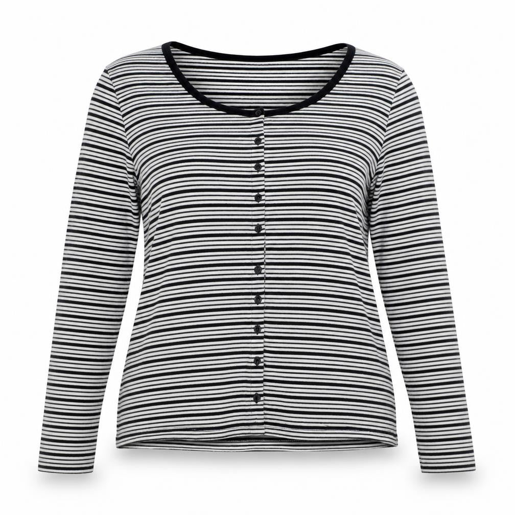 M&S Women Black White Striped Size 16 Jersey Button-Up Long Sleeve Top
