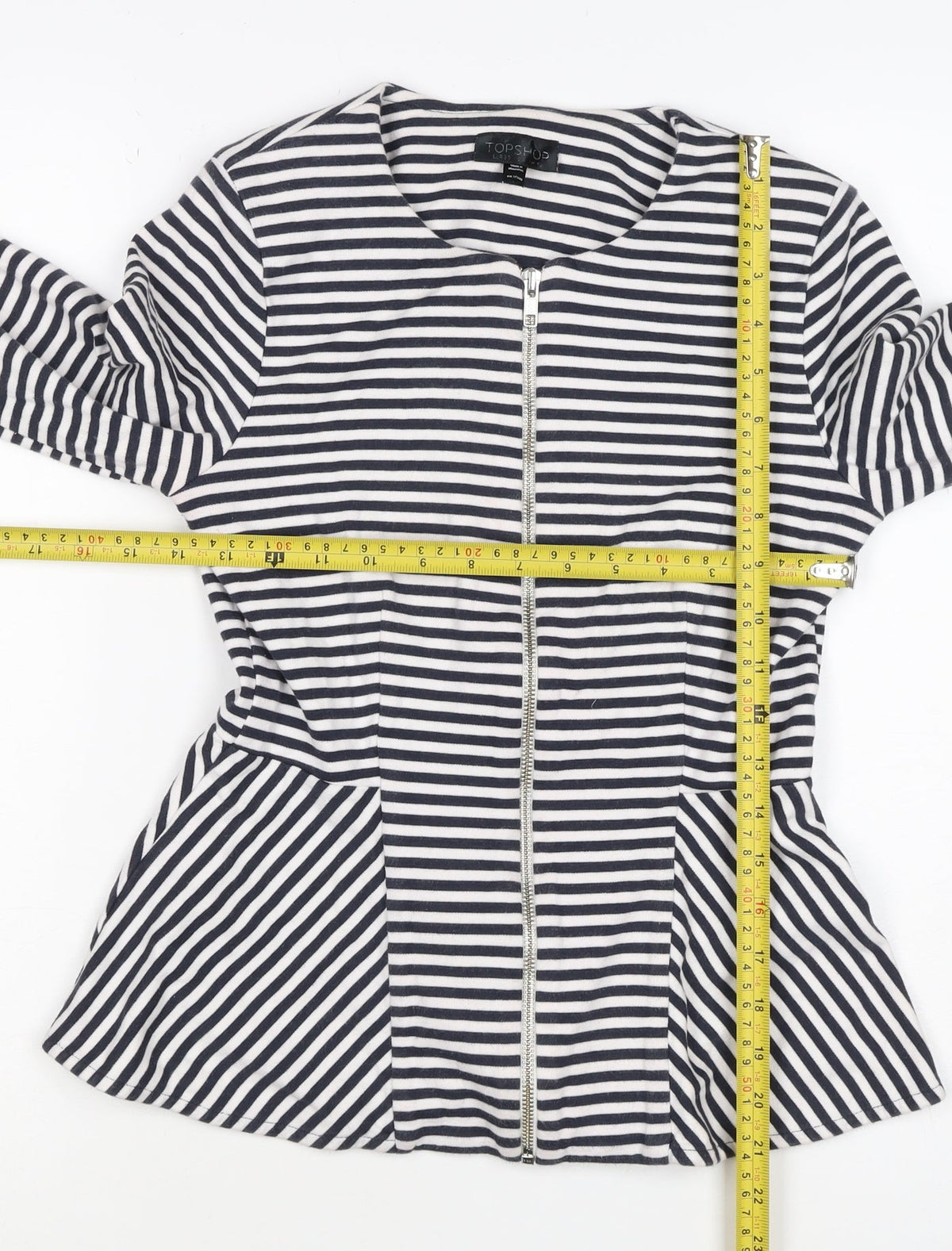 Topshop Women Multicoloured UK 10 Striped Peplum Zip Long Sleeve Blouse
