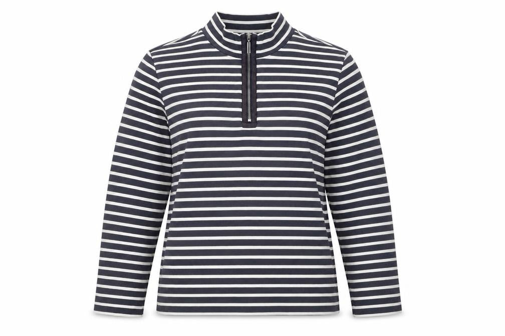 Cotswold Collections Women Blue Stripe M Jersey 1/2 Zip High Neck Top