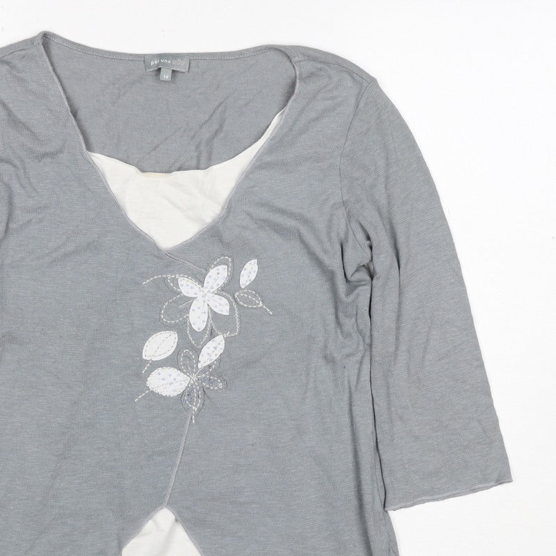 Per Una Women Grey UK 14 Wrap Floral Embellished 3/4 Sleeve Top