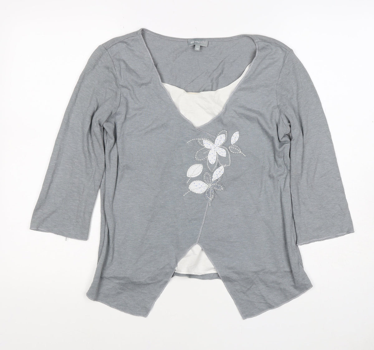 Per Una Women Grey UK 14 Wrap Floral Embellished 3/4 Sleeve Top