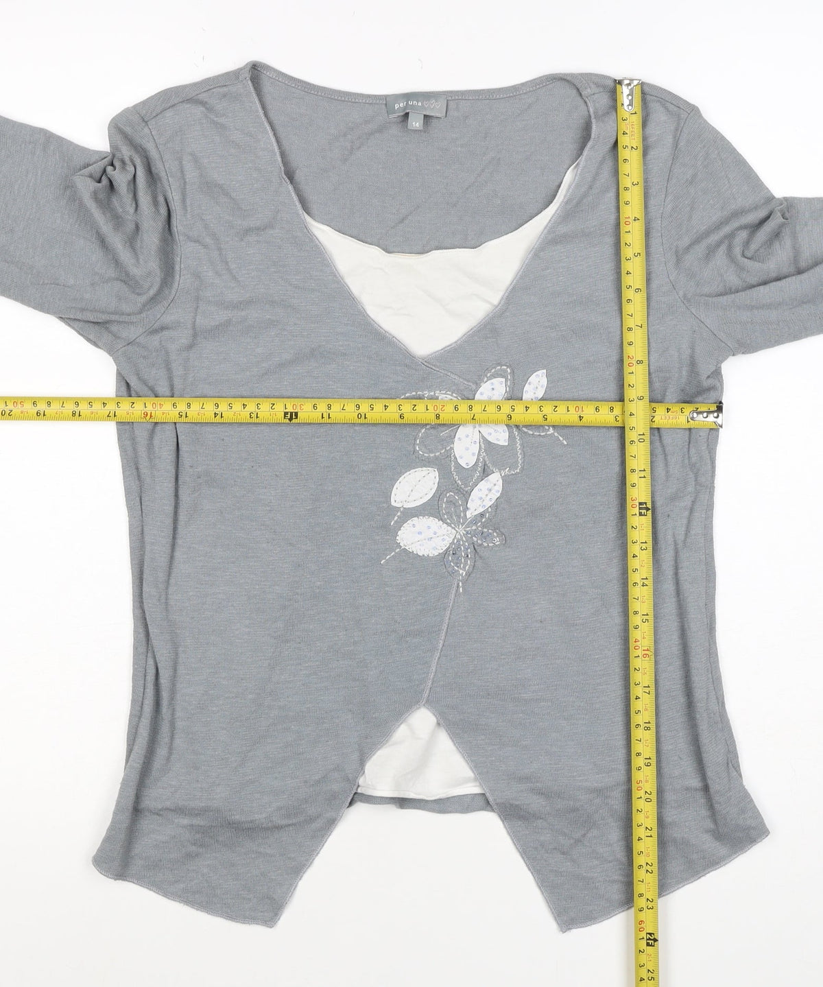 Per Una Women Grey UK 14 Wrap Floral Embellished 3/4 Sleeve Top