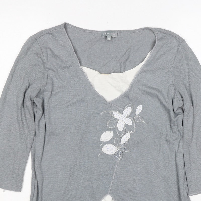Per Una Women Grey UK 14 Wrap Floral Embellished 3/4 Sleeve Top