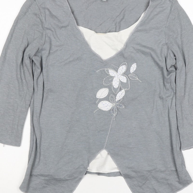 Per Una Women Grey UK 14 Wrap Floral Embellished 3/4 Sleeve Top