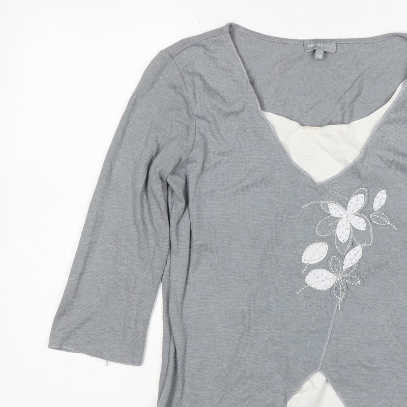 Per Una Women Grey UK 14 Wrap Floral Embellished 3/4 Sleeve Top