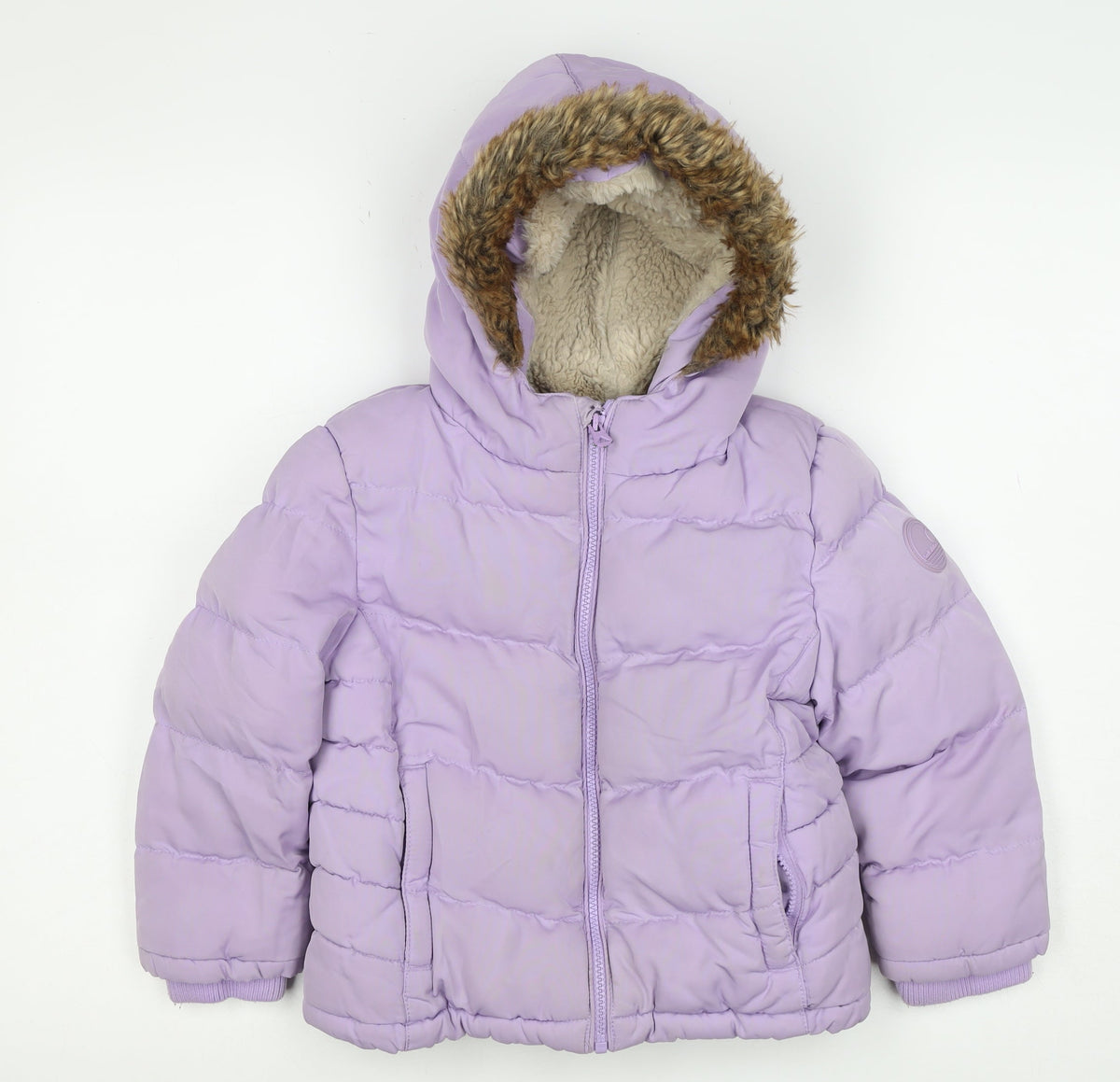 SoulCal & Co Girls Purple 6-7 Years Puffer Jacket Faux Fur Hood Zip